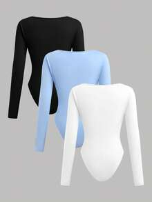 SHEIN Girlism 3件套少女高领罗纹针织长袖修身连衣裙，黑/白/蓝三色可选，保暖内衬，休闲简约，适合秋冬季穿着 - 藍色 - 查看 2