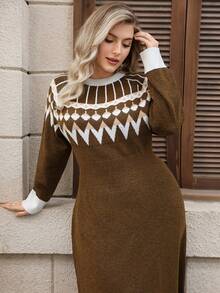 Modelyn 大码女式几何图案圆领长袖休闲针织毛衣裙，秋冬 - 棕色 - 查看 6