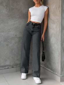EURMUSE 100%Cotton Bleach Wash Straight Leg Jeans - Dark Grey - View 5