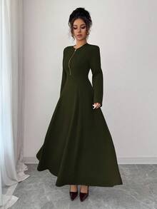 Elenzga Women's Elegant Coffee Brown Round Neck Front Zipper High-End Design Waist Fitted Flared Long Sleeve Midi Dress, Suitable For Commuting In Autumn - Army Green - View 3