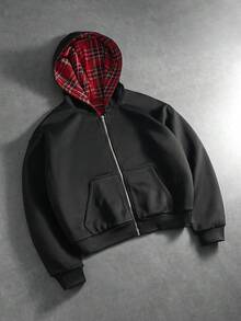 PAVTROS Manfinity Streetrush 男士街头风流行 INS 休闲格子连帽卫衣，秋冬季，街头服饰，保暖，圣诞节，男友礼物，双面拉链卫衣，长袖上衣 - 黑色 - 查看 11