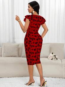 SHEIN Lady Váy dài vừa phải họa tiết hoa cổ chữ V xếp nếp thanh lịch cho nữ Váy nữ Váy midi Quần áo nữ Váy - Đỏ - Xem 2