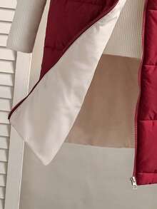 SHEIN Tween Girls Casual All-Match Hooded Sleeveless Pocket Contrast Color Padded Long Padded Vest, Autumn/Winter - Burgundy - View 7