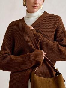 Aalyst Women's Minimalist Loose Textured Solid Color Long Sleeve Knit Cardigan, Autumn/Winter - Brown - View 7