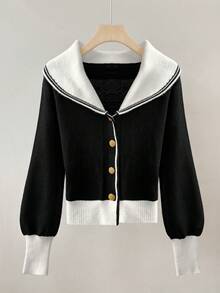Franclia Áo khoác len cardigan dệt kim dáng ôm, ve áo lớn màu đen trắng, tay dài, nút kim loại, thiết kế đơn giản, thanh lịch dành cho nữ, mùa đông, mùa thu, giáng sinh, năm mới, lễ tạ ơn - Nhiều màu - Xem 3