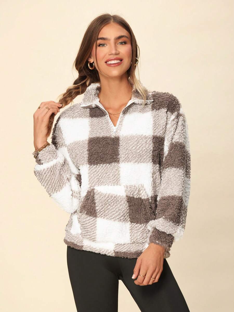 Coeurva Buffalo Plaid Print Half Zip Drop Shoulder Teddy Sweatshirt,Long Sleeve Tops In Fall/Winter - Multicolor - View 1