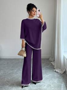 Elenzga Women's Casual Loose Poncho Design Top And Loose Contrast Color Pants Knit Two Pieces Set - Purple - View 5