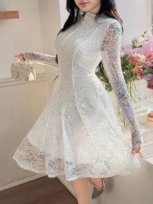 Feyla 女式花卉蕾丝领长袖优雅迷你连衣裙 - 白色 - 查看 1