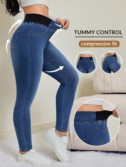 SHEIN Tall Jeans délavés casual pour femmes, taille haute, coupe slim, automne/hiver. Taille élastique, tissu confortable à haute élasticité, jeans skinny lavage foncé