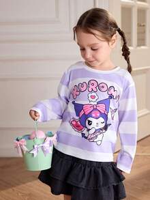 HELLO KITTY AND FRIENDS | SHEIN 年轻女孩趣味字母图案条纹宽松落肩长袖针织休闲T恤