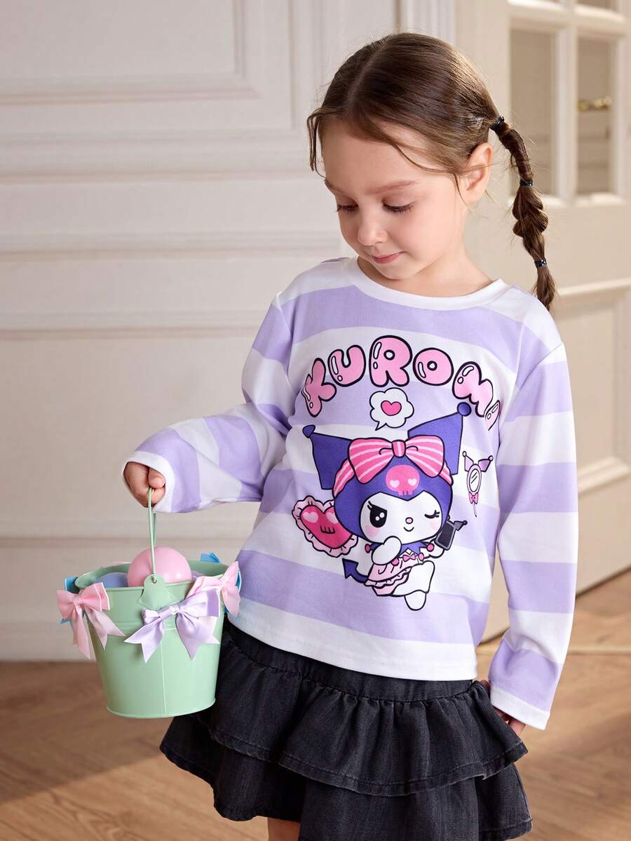 HELLO KITTY AND FRIENDS | SHEIN 年轻女孩趣味字母图案条纹宽松落肩长袖针织休闲T恤