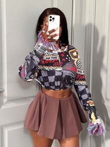 BamGleam Women's Slogan Checkered Print Long Sleeve Cropped Casual Hoodie