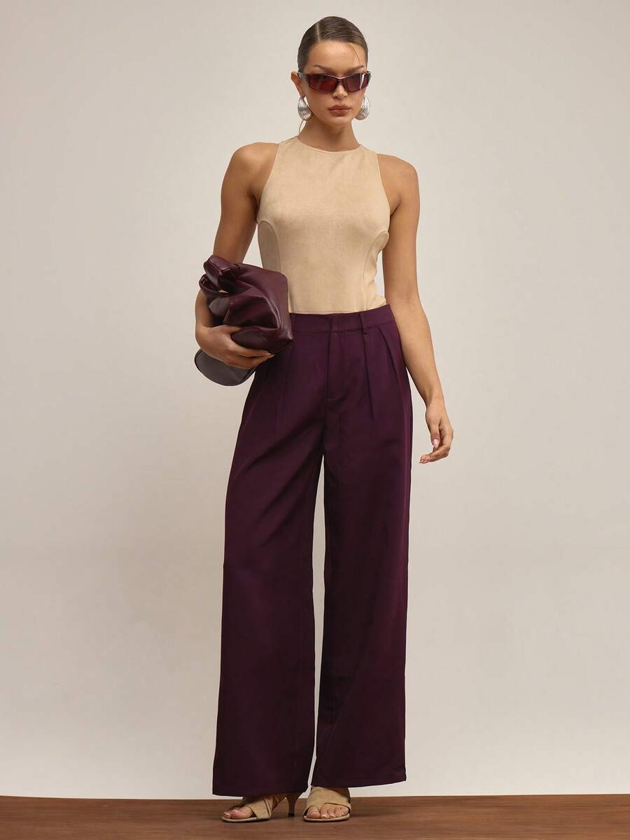 MUSERA 修身褶裥阔腿裤，优雅工作夜生活可爱性感夏季休闲风 - 紫紅色 - 查看 1