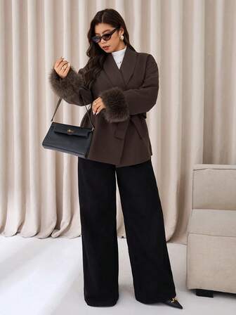 Auralis Plus Size Women's Solid Color Shawl Collar Long Sleeve Faux Fur Patchwork Woolen Coat, Autumn/Winter Office Old Money