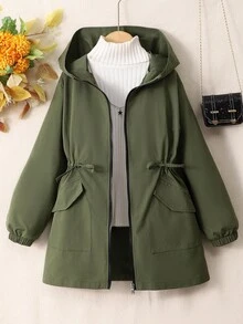 少女束腰连帽轻薄中长款夹克，适合秋季日常穿着 - 軍綠色 - 查看 3