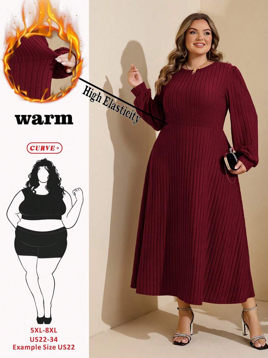 SHEIN CURVE+ Geripptes Strickkleid mit Rundhalsausschnitt in Große Größen, Weinrot, Weihnachtsparty - Bordeaux - Übersicht 1