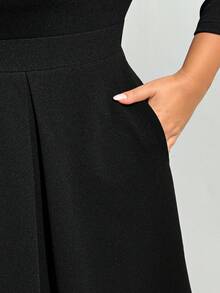 SHEIN CURVE+ 加大码纯色黑色束腰连衣裙，适合春夏秋冬优雅办公室派对、新年女士连衣裙 - 黑色 - 查看 8