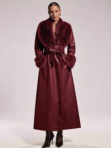 SHEIN BAE 女士时尚街头 PU 皮革拼布仿毛领超长外套，秋冬 - 酒紅色 - 查看 9