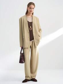 Airaco Traje de blazer y pantalones de un solo abotonado de unicolor para mujeres, para uso diario en otoño - Caqui - Ver 4