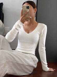 Livesso Women's Contrast Lace V-Neck Long Sleeve Fitted Fashionable T-Shirt,Fall Clothes - White - View 2