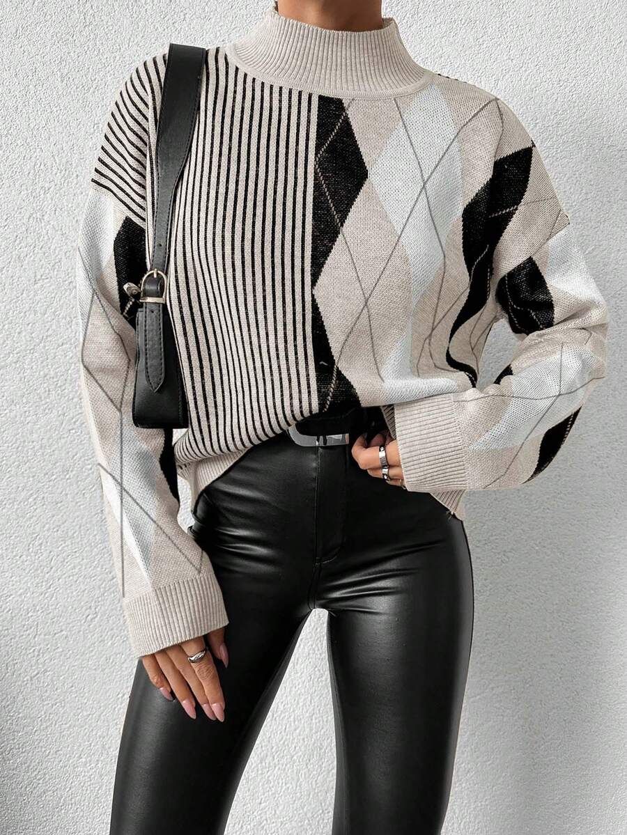 SHEIN Cottnline Women's Stand Collar Geometric Striped Drop Shoulder Sweater - Multicolor - View 1