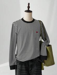 ESTAVOR 男士千鸟格印花圆领长袖休闲宽松T恤 - 黑與白 - 查看 7