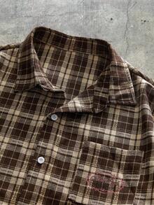 AXEPEAK 男士字母刺绣格子长袖单排扣休闲口袋宽松衬衫 - 棕色 - 查看 4