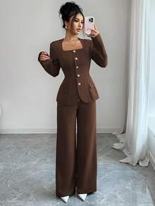 Elenzga 2pcs Women's Suit Fabric Trapezoid Collar Front Metal Button Waist A-Line Hem Slit Pockets Long Sleeve Shirt + Straight Pants Solid Color Elegant Office Commute Streetwear Autumn Winter Fashion Versatile Business Casual Thanksgiving Afternoon Tea Party Back To School - Coffee Brown - View 7