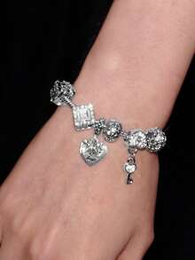 Y2Kool Rhinestone Decor Heart & Key Charm Bracelet Valentines - Multicolor - View 4