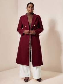 EMERY ROSE Sobretudo feminino clássico francês plus size, com abotoamento duplo em metal, ombros largos, comprimento extra, estilo elegante para professoras, romântico e retrô. - Borgonha - Ver 7