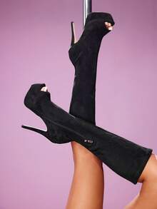 CUCCOO LuxiPop Stivali alti da donna con tacco alto sottile, punta aperta e rotonda, piattaforma alta, versatili, con cerniera laterale, adatti per feste di Natale e stile sexy da night club