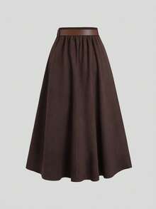 Sweetra Women's Coffee Brown Suede Faux Skirt With Single-Breasted Design, Autumn/Winter - Coffee Brown - View 2