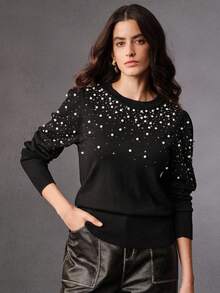 Anewsta French Elegant Pearl Embellished Crew Neck Sweater - Black - View 3