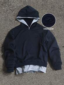 Manfinity Homme 男士刺绣长袖休闲连帽卫衣，海军蓝，高品质，街头风，刺绣，男士连帽衫 - 藏蓝色 - 查看 2