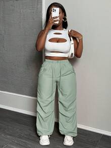 Slaydiva 女士直筒宽松工装裤，高腰抽绳宽松口袋休闲慢跑裤，嬉皮朋克街头风绿色女裤，女士休闲阔腿裤，夏季阔腿裤，女士工作裤，居家办公穿搭，女士长裤，工作裤 - 薄荷綠 - 查看 5