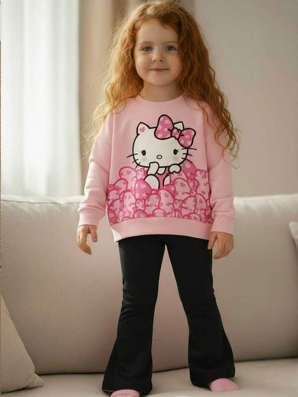 SHEIN Hello Kitty and Friends | Modeflare Wear IP Official Licensed Baby Girl Cute Bow & Floral Pattern Knit Soft Pullover Top And Flare Pants Set, Casual For Autumn/Winter