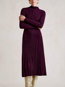 SHEIN Stylify 法式优雅淑女风高领单排扣收腰罗纹长袖褶皱长裙，秋冬 - 中紫紅色 - 查看 4