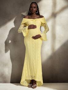 Cheriluna Maternity 优雅露肩白色蕾丝长袖美人鱼长裙，适合婚礼、派对、孕妇写真、婴儿洗礼 - 黃色 - 查看 3