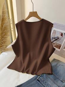 CosyJoli Plus Size Elegant Metal Buckle Knit Sleeveless Sweater Vest, Comfortable & Casual In Fall/Winter