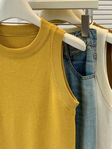 SHEIN 女式休闲纯色简约圆领针织背心 - 薑色 - 查看 5