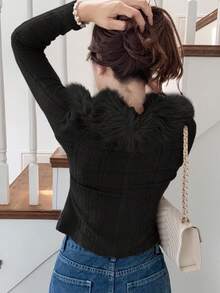 FRIFUL Women's Ribbed Fabric Fuzzy Collar Zip-Up Casual Slim Fit Fleece T-Shirt, Versatile Streetwear, Autumn/Winter - Black - View 4