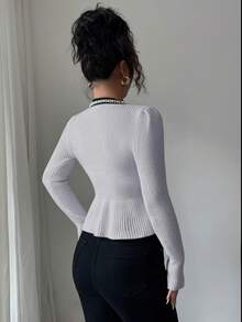 Elenzga Women's Contrast Color Faux Pearl Waist Ruffle Hem Knit Cardigan - Grey - View 2