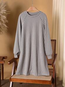 Rusticease Đầm ngắn tay dài cổ tròn họa tiết kẻ caro thường ngày dành cho nữ - Nhiều màu - Xem 3