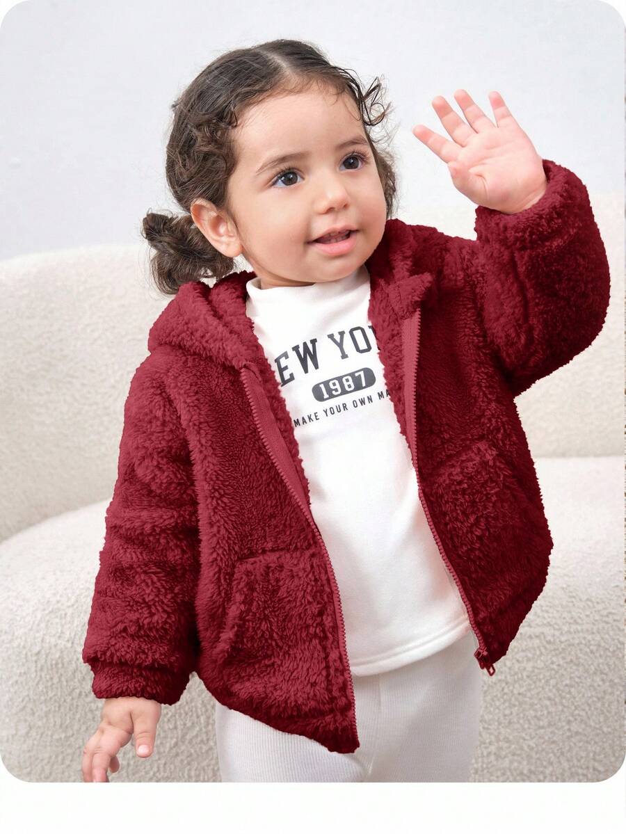 2pcs Mommy And Me Fluffy Knitted Long Sleeve Hooded Jacket Set, Autumn/Winter (Sold Separately) - Burgundy - View 1
