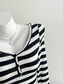 Comfortcana Women's Contrast Color Striped Long Sleeve Top And Shorts 2 Pieces Set