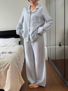 Women's Striped Heart Patchwork Collar Top & Pants Pajama Set Striped Pajama Set Striped Lounge Set Pajamas Set Two Piece Lounge Wear Set Light Blue Pj Set, Winter Clothes - Baby Blue - View 7