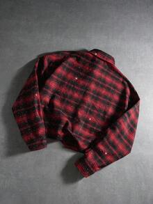 PAVTROS Manfinity Streetrush 男士街头风流行INS风男士休闲水钻装饰短袖衬衫/长袖衬衫，街头服饰，保暖冬季，圣诞节，男友礼物，红色格子衬衫 - 紅色 - 查看 2