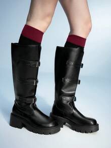 Sugerpunk 女士休闲厚底粗跟中筒靴，百搭 - 黑色 - 查看 4