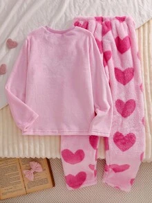 2件套女童柔软毛绒粉色心形印花长袖上衣和裤子睡衣套装 - 彩色 - 查看 2