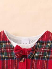 3pcs/Set Baby Boy Bodysuit, Bowknot Collar Long Sleeve Top, Gentleman V-Neck Vest, Plaid Suspender Harem Pants Outfit  Christmas Baby Boy Set  Autumn/Winter  Princess Halloween/Christmas Party  Dresses - Red - View 4